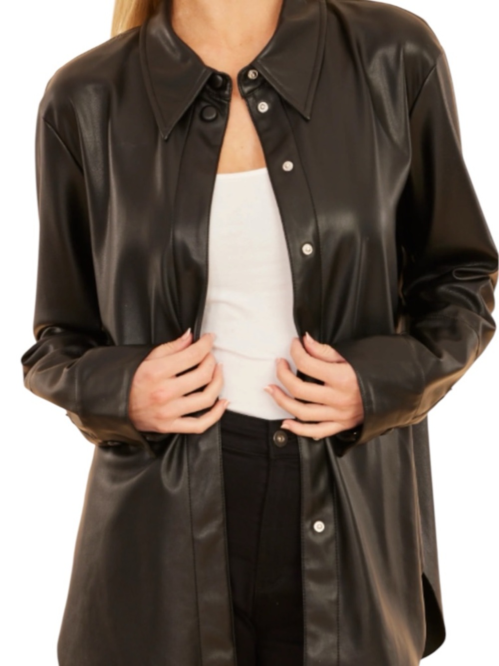 Miss Selfie Black Faux Leather Button-shirt Front Jacket size M NWOT L162